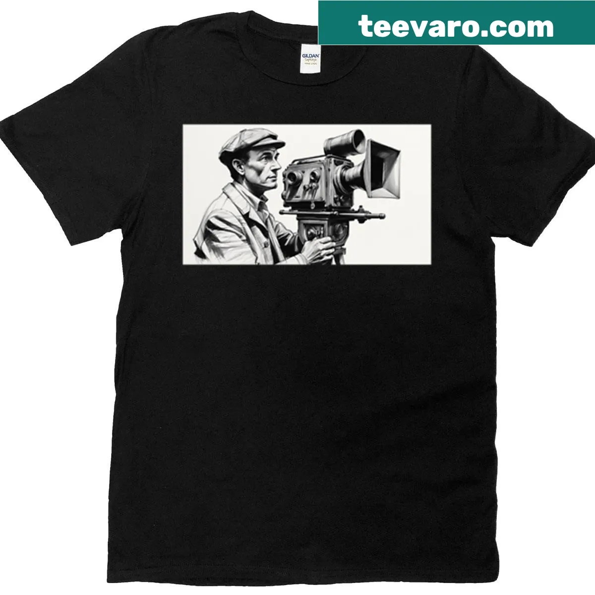 Minimalist t-shirt with hand-lettered design by a film director. — on a men's t-shirt