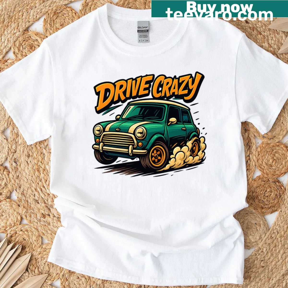 Vintage T-shirt featuring a retro Mini Cooper in burnout style with action lettering — on a men's t-shirt