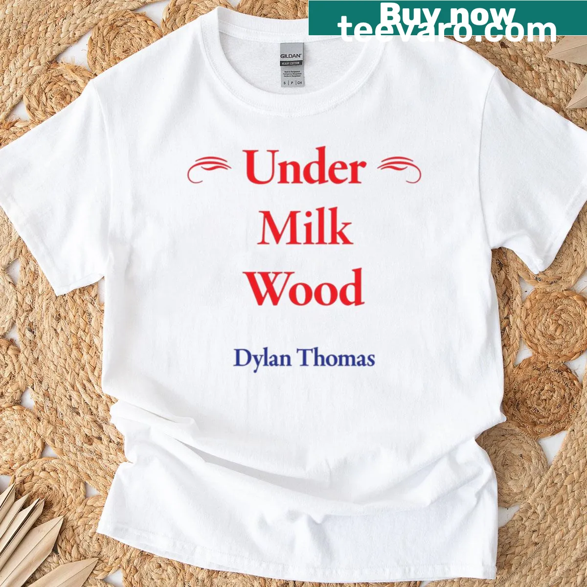 T-shirt honoring Dylan Thomas with an illustration related to his work — on a men's t-shirt