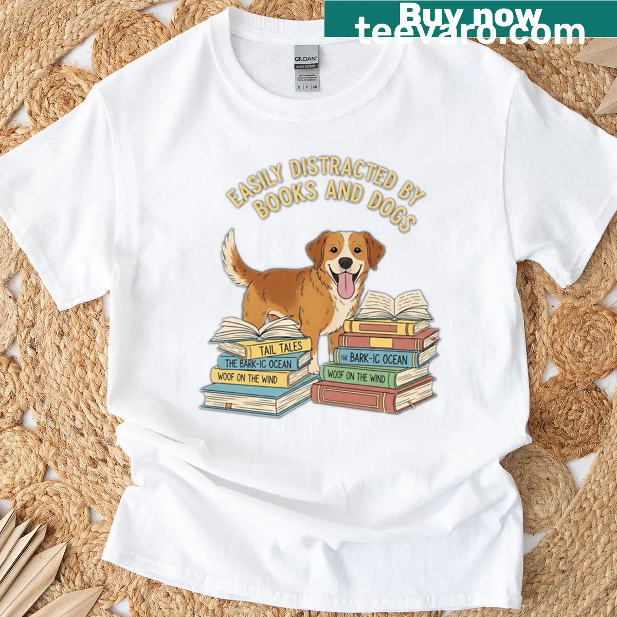 Cute T-shirt featuring dogs and books in a playful design. — on a men's t-shirt