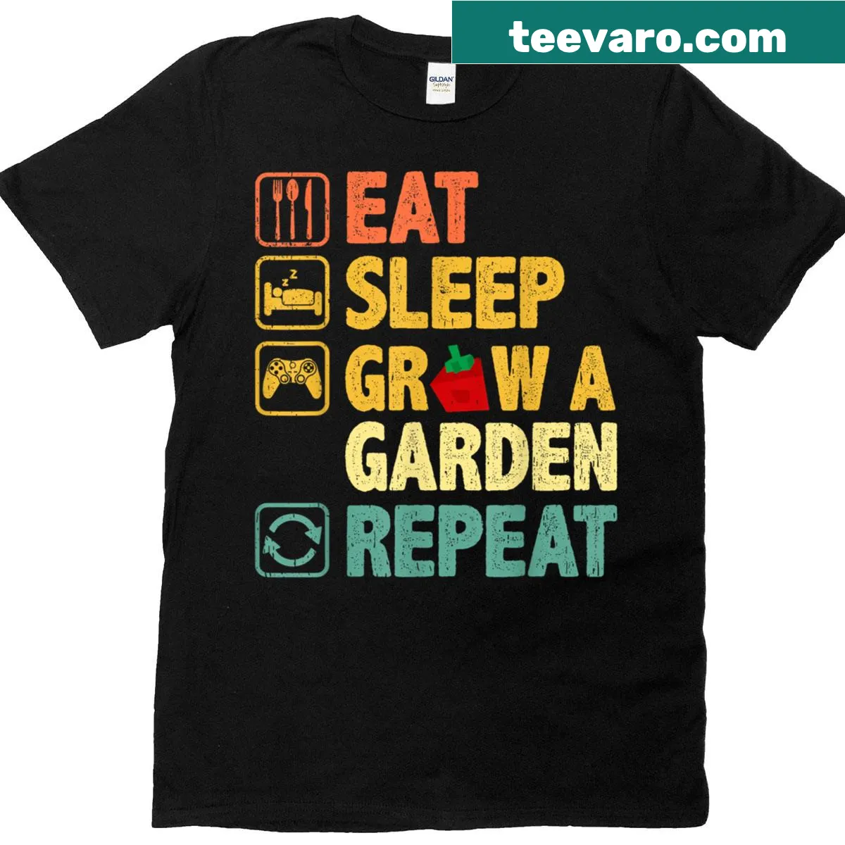 Funny gamer shirt with gardening theme 'Eat Sleep Grow A Garden Repeat' — on a men's t-shirt