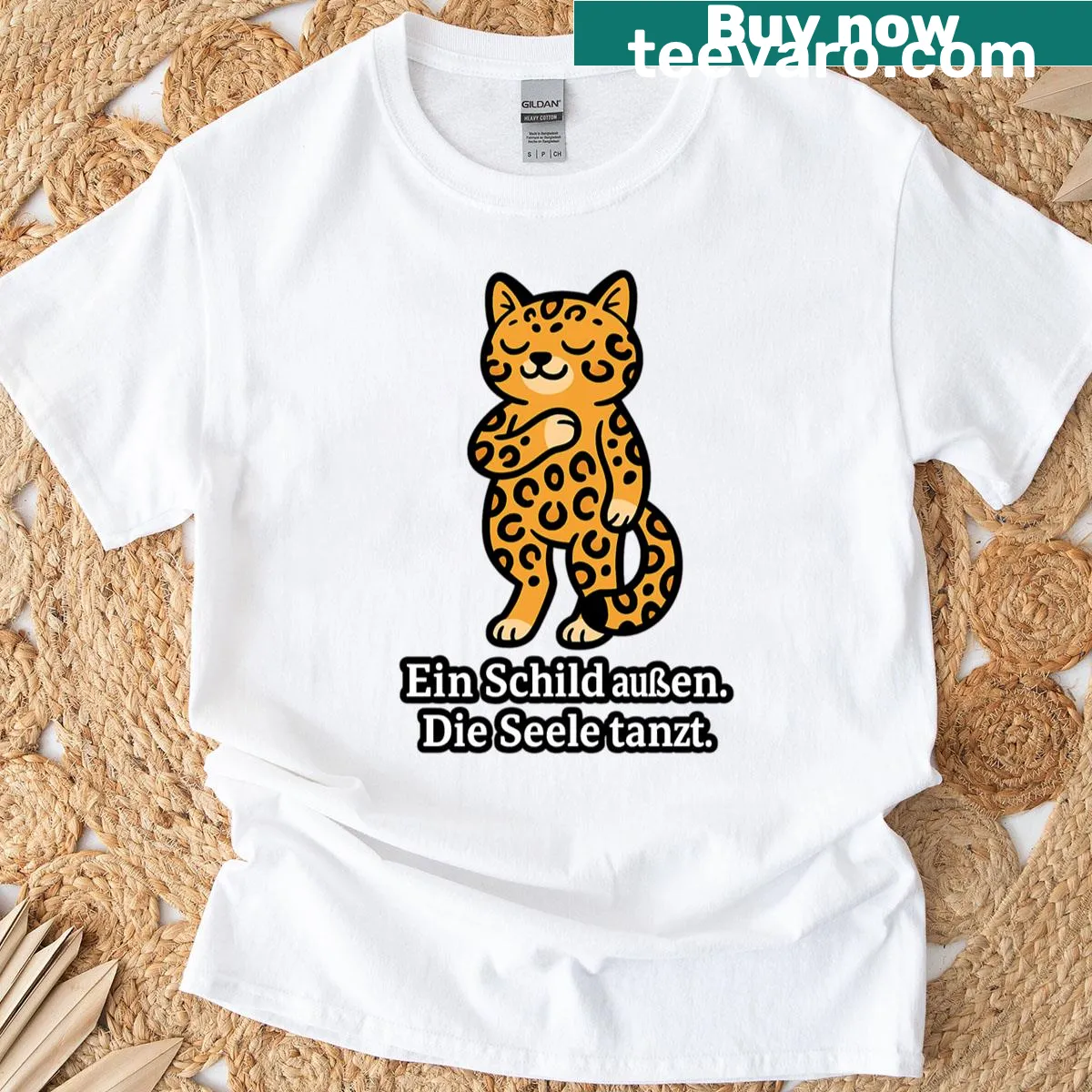 Artistic t-shirt featuring a meditative leopard cat design — on a men's t-shirt