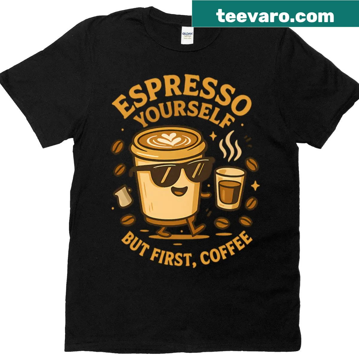 T-shirt featuring playful typography of 'Espresso Yourself But First Coffee'. — on a men's t-shirt