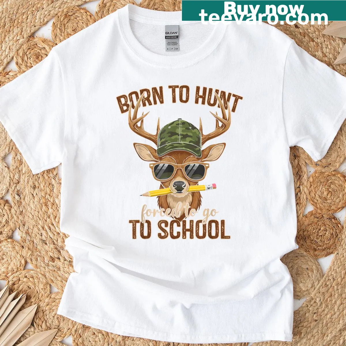Illustrative tee showing a boy eager for deer hunting on school day. — on a men's t-shirt