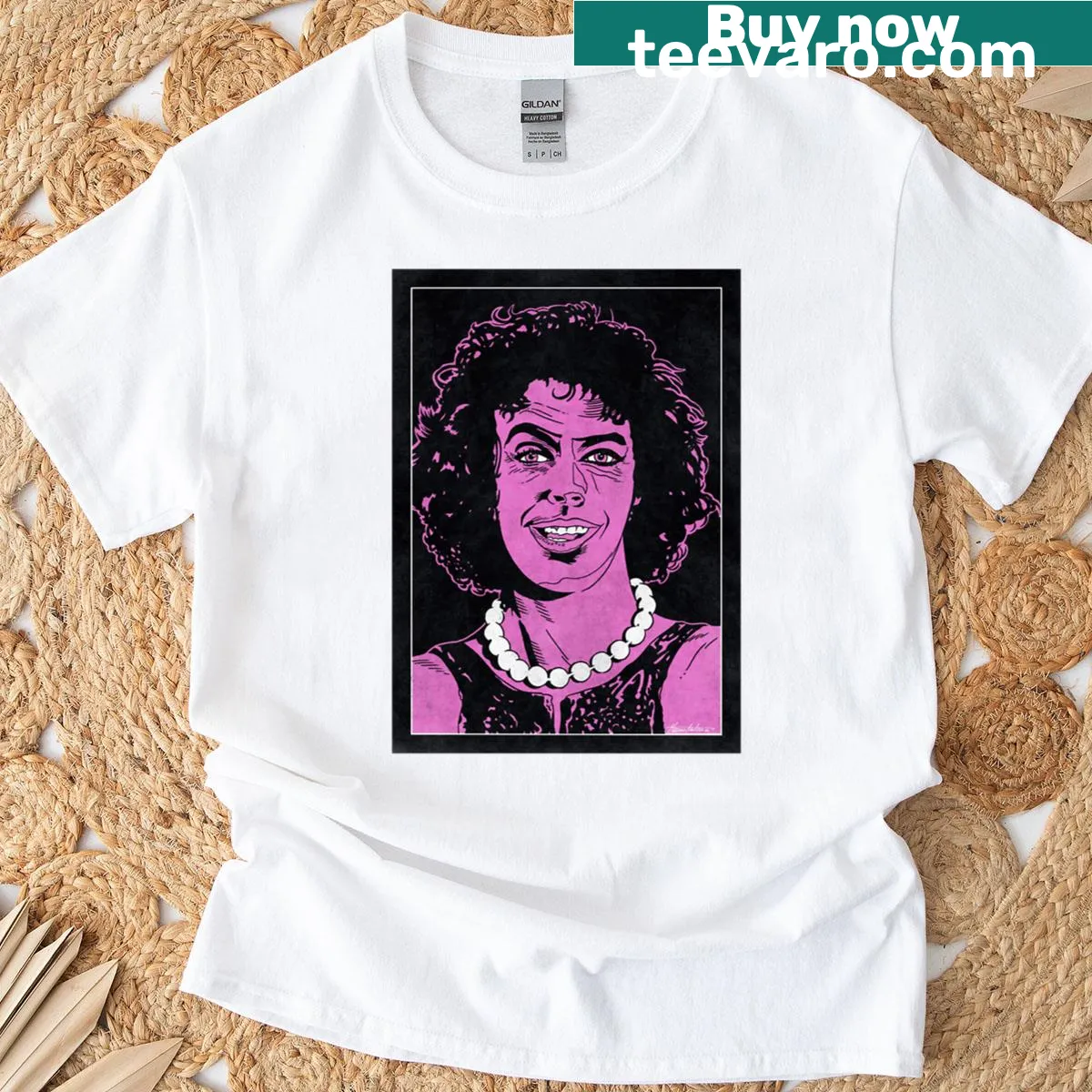 Monochrome Frank-n-furter graphic from The Rocky Horror Picture Show — on a men's t-shirt