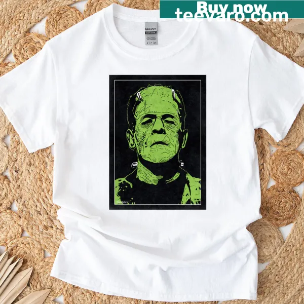 Monochrome graphic of Frankenstein's monster on a T-shirt