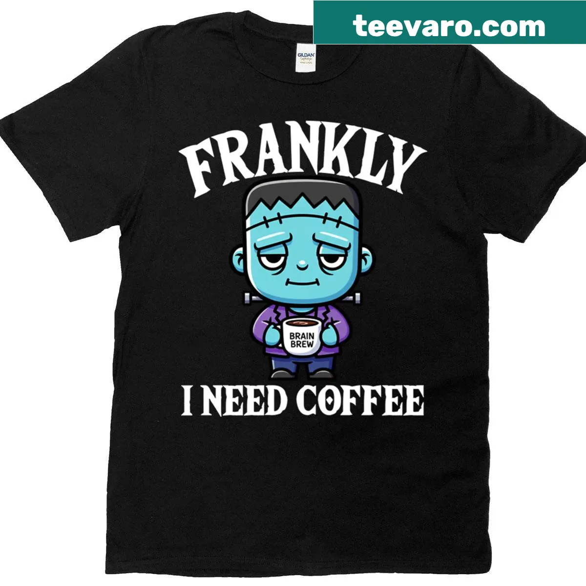 Halloween t-shirt featuring Frankenstein design with coffee quote. — on a men's t-shirt
