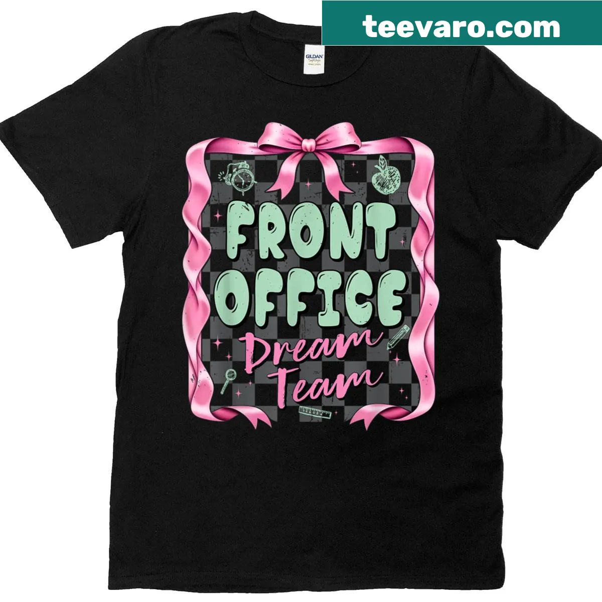 Badge emblem T-shirt for front office school staff — on a men's t-shirt