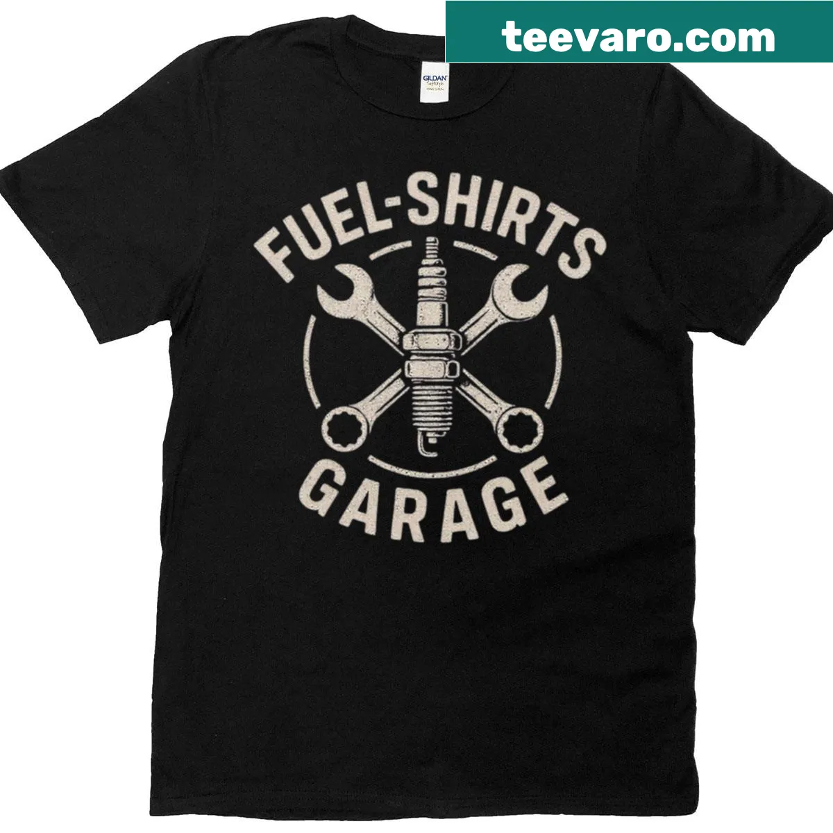 Garage-themed t-shirt featuring spark plugs and keys graphic — on a men's t-shirt