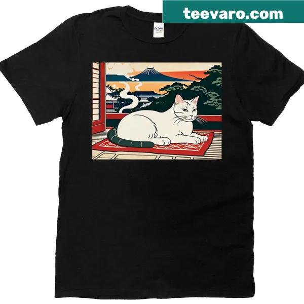 Illustration of a cat in a Japanese setting with Fuji backdrop