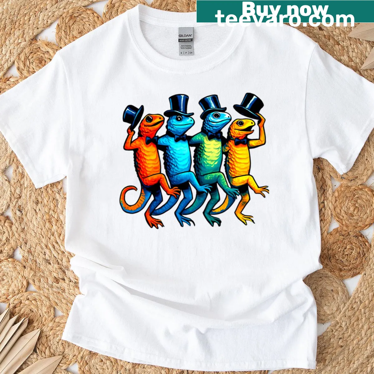 Cartoon dancing lizards in a vaudeville chorus line on T-shirt — on a men's t-shirt