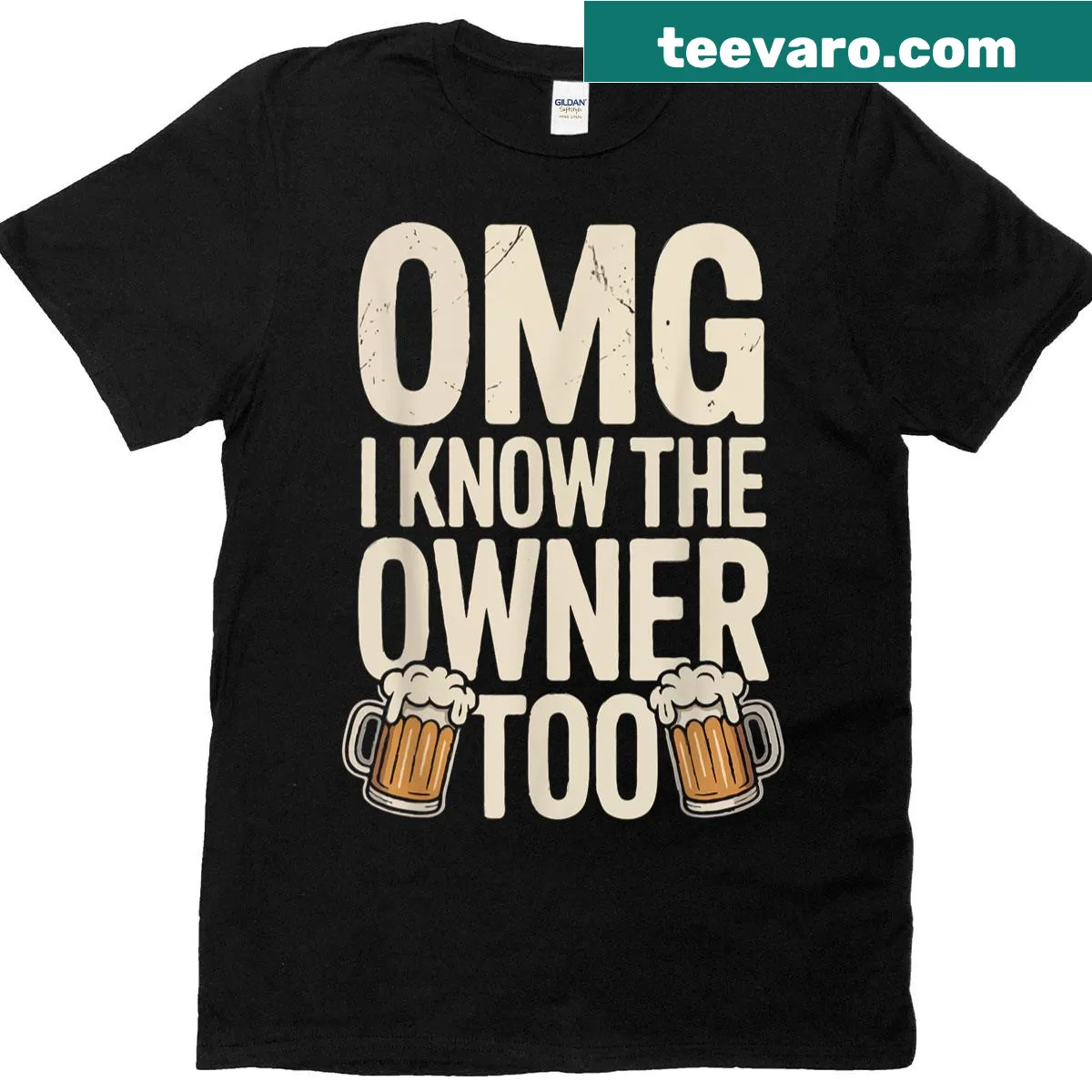 T-shirt with the humorous phrase about knowing the bar owner — on a men's t-shirt