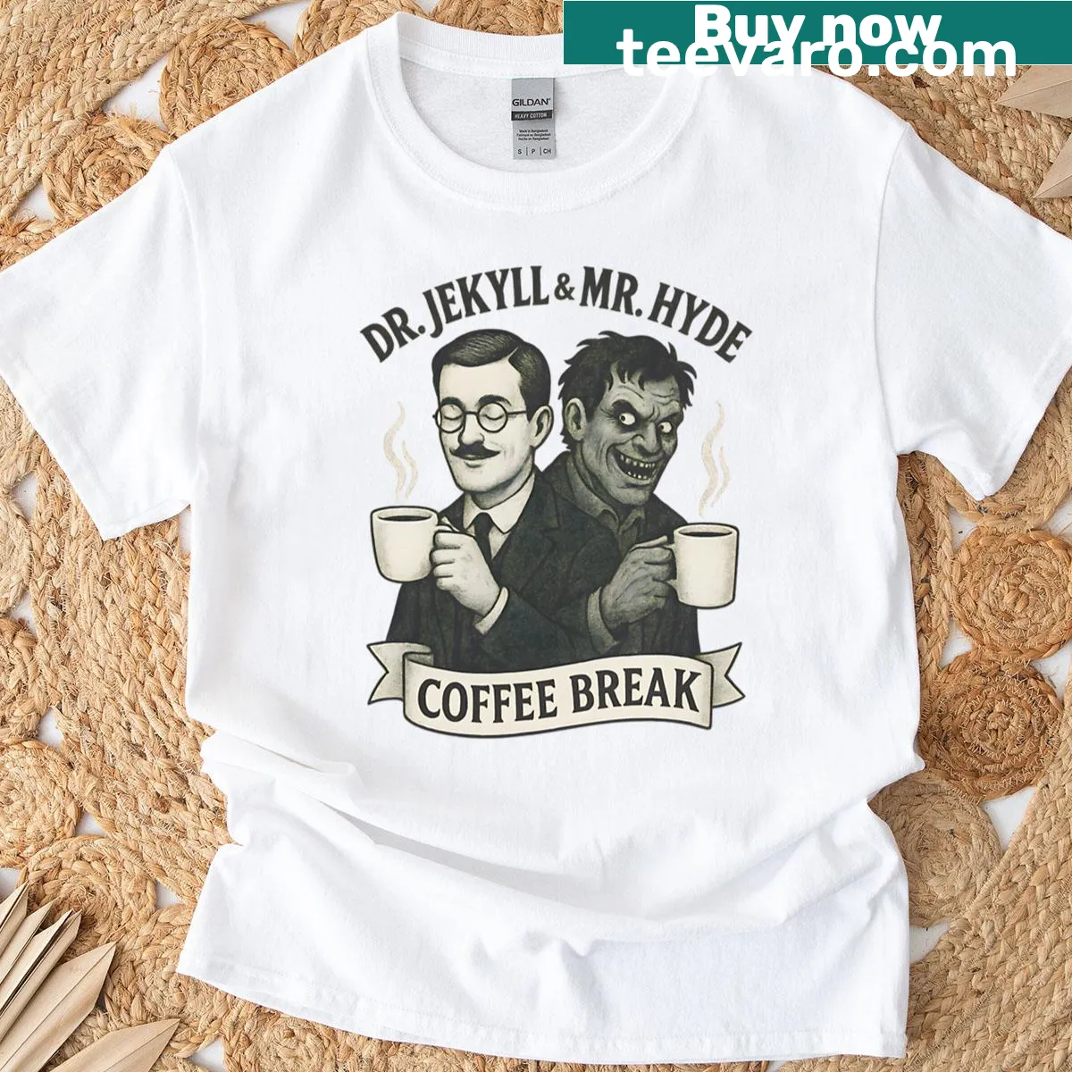 Funny coffee-themed t-shirt with Dr. Jekyll and Mr. Hyde reference — on a men's t-shirt