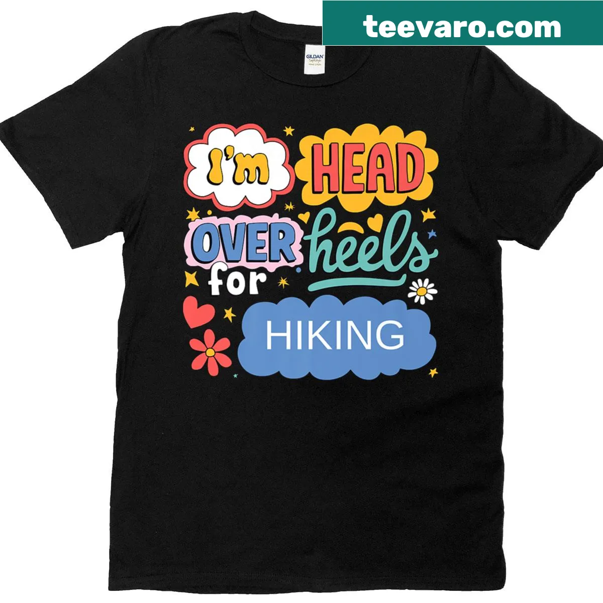 Funny hiking t-shirt featuring retro pop art graphics. — on a men's t-shirt