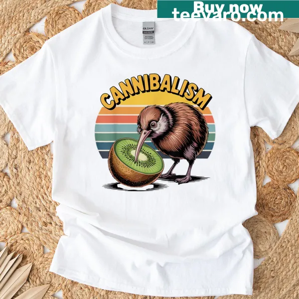 T-shirt featuring a kiwi bird eating a kiwi fruit in a funny illustration