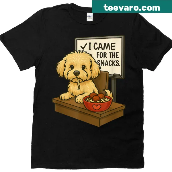 Funny Maltipoo illustration with the phrase about snacks on a t-shirt