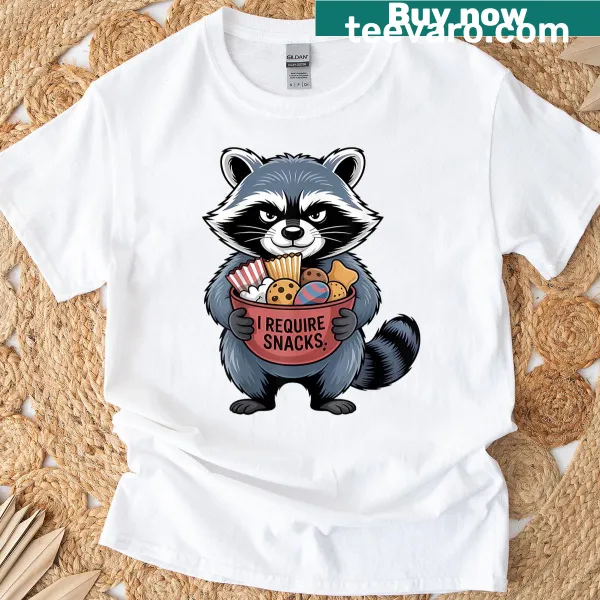 Cute t-shirt featuring a raccoon and humorous snack saying