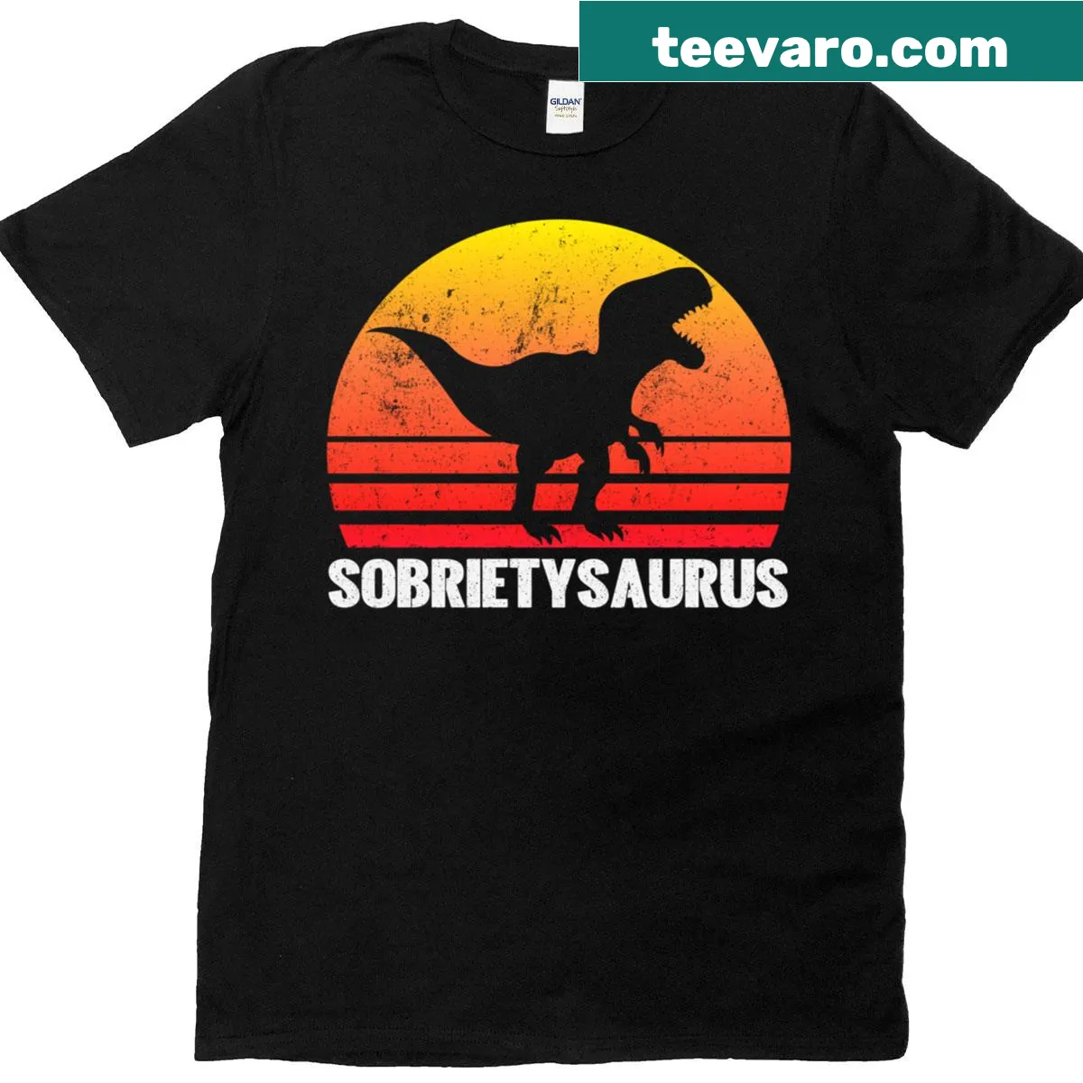 Vintage Sobrietysaurus t-shirt with humorous dinosaur graphic — on a men's t-shirt