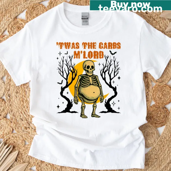 Retro Halloween t-shirt with skeleton and pun about carbs