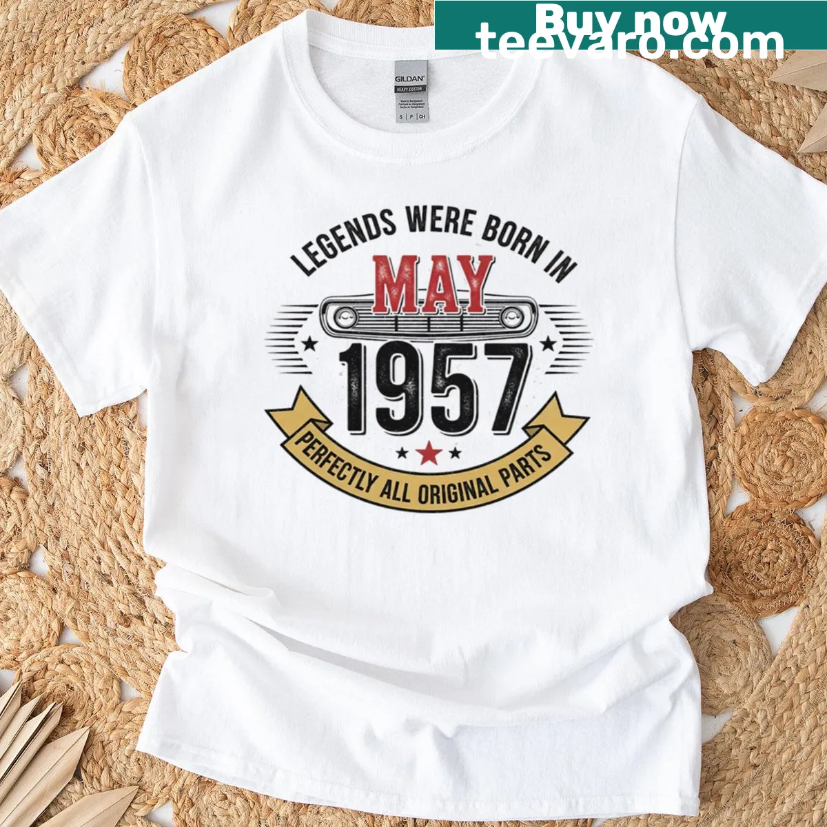 Vintage birthday t-shirt with saying for May 1957 legends — on a men's t-shirt