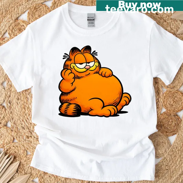 Cartoon graphic of Garfield the lazy cat on a T-shirt