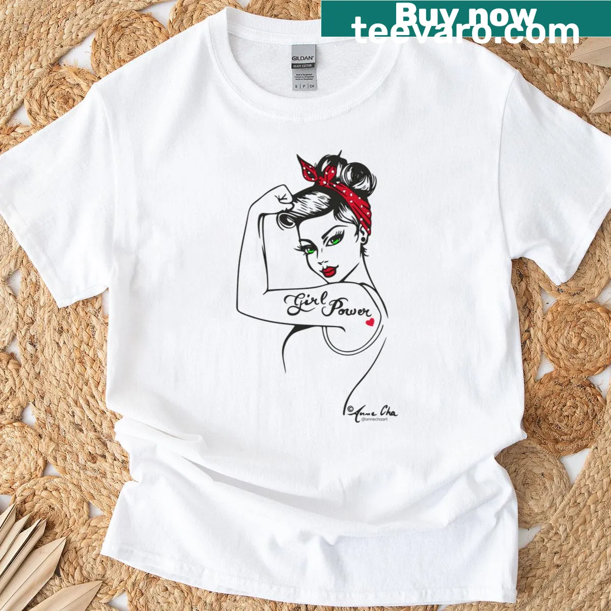 Vintage style Rosietheriveter graphic with red heart graphic — on a men's t-shirt