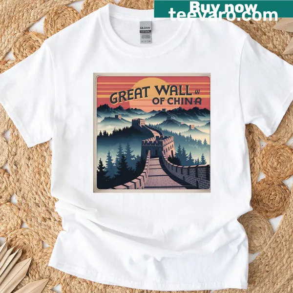 Travel poster design of the Great Wall of China on a t-shirt
