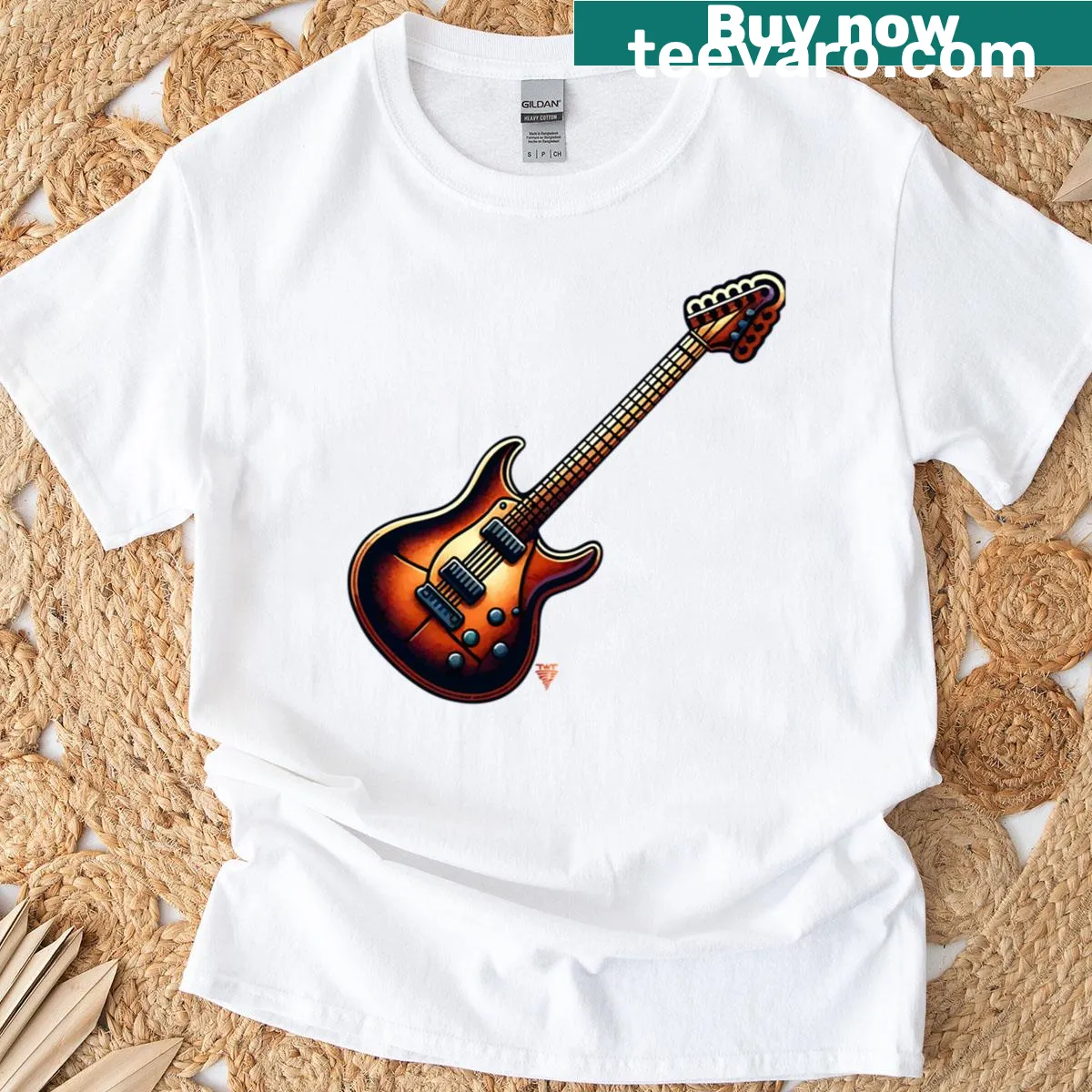 Illustrated T-shirt featuring a stylized guitar and rock music theme — on a men's t-shirt