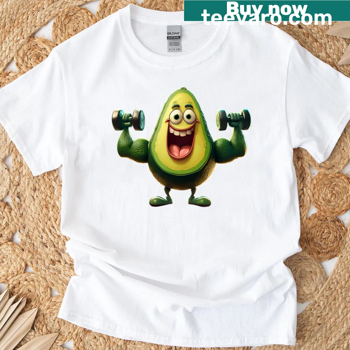 Playful fitness t-shirt with avocado gym graphic — on a men's t-shirt