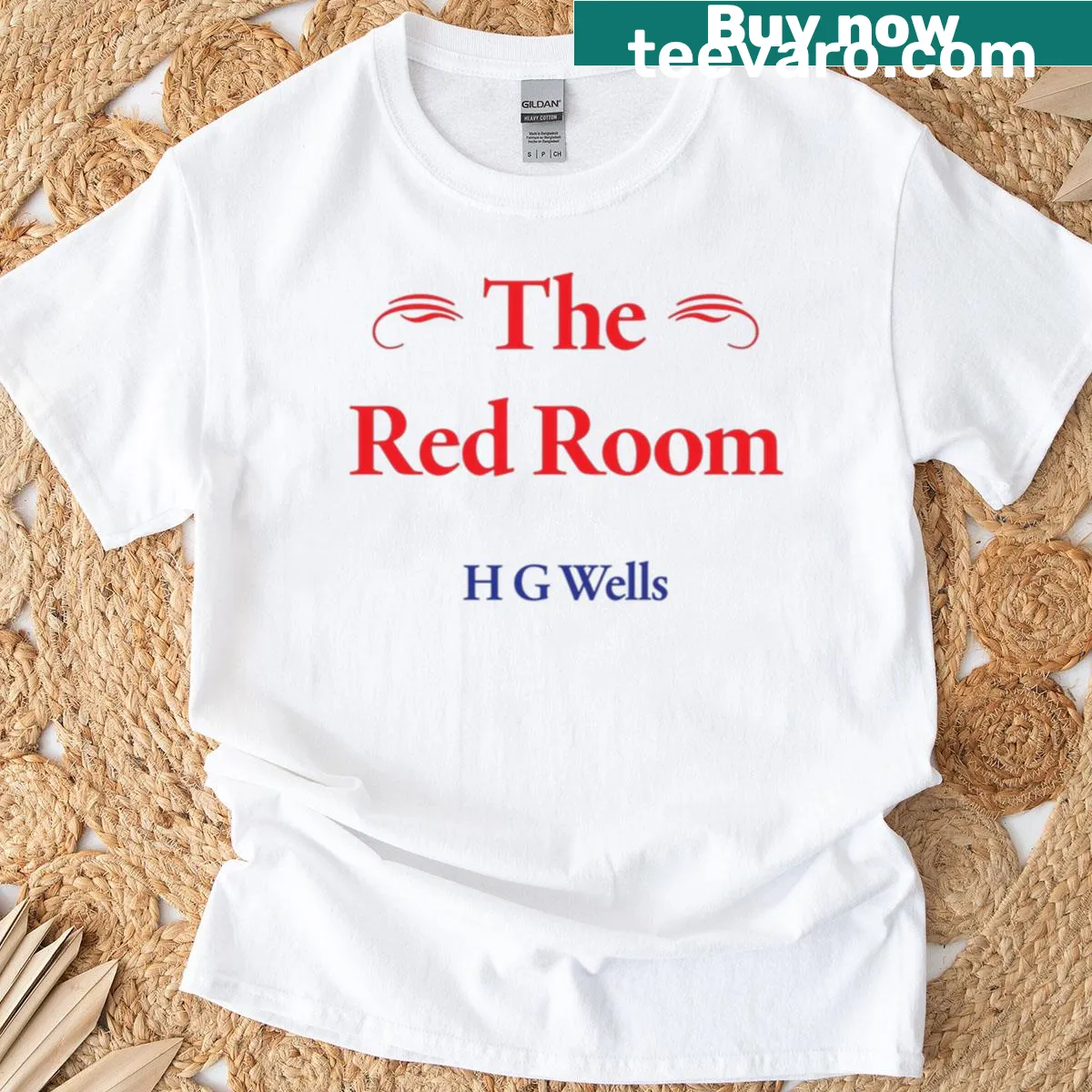 Illustrative design celebrating H.G. Wells' 'The Red Room' on an oversized tee — on a men's t-shirt
