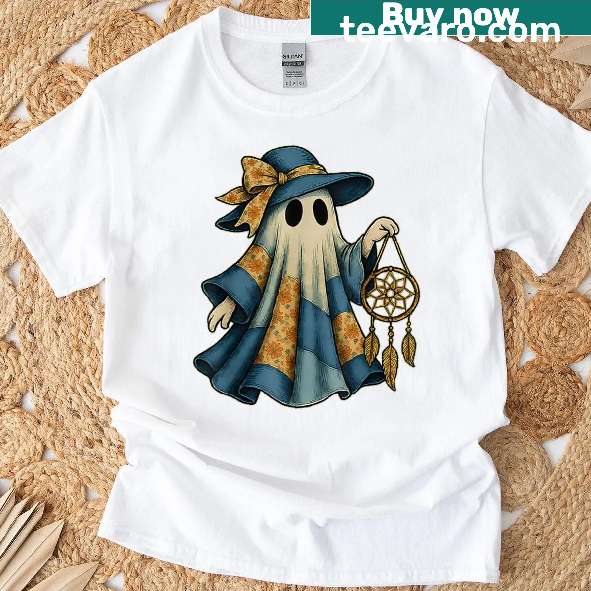 T-shirt featuring a spooky ghost and dreamcatcher for Halloween — on a men's t-shirt