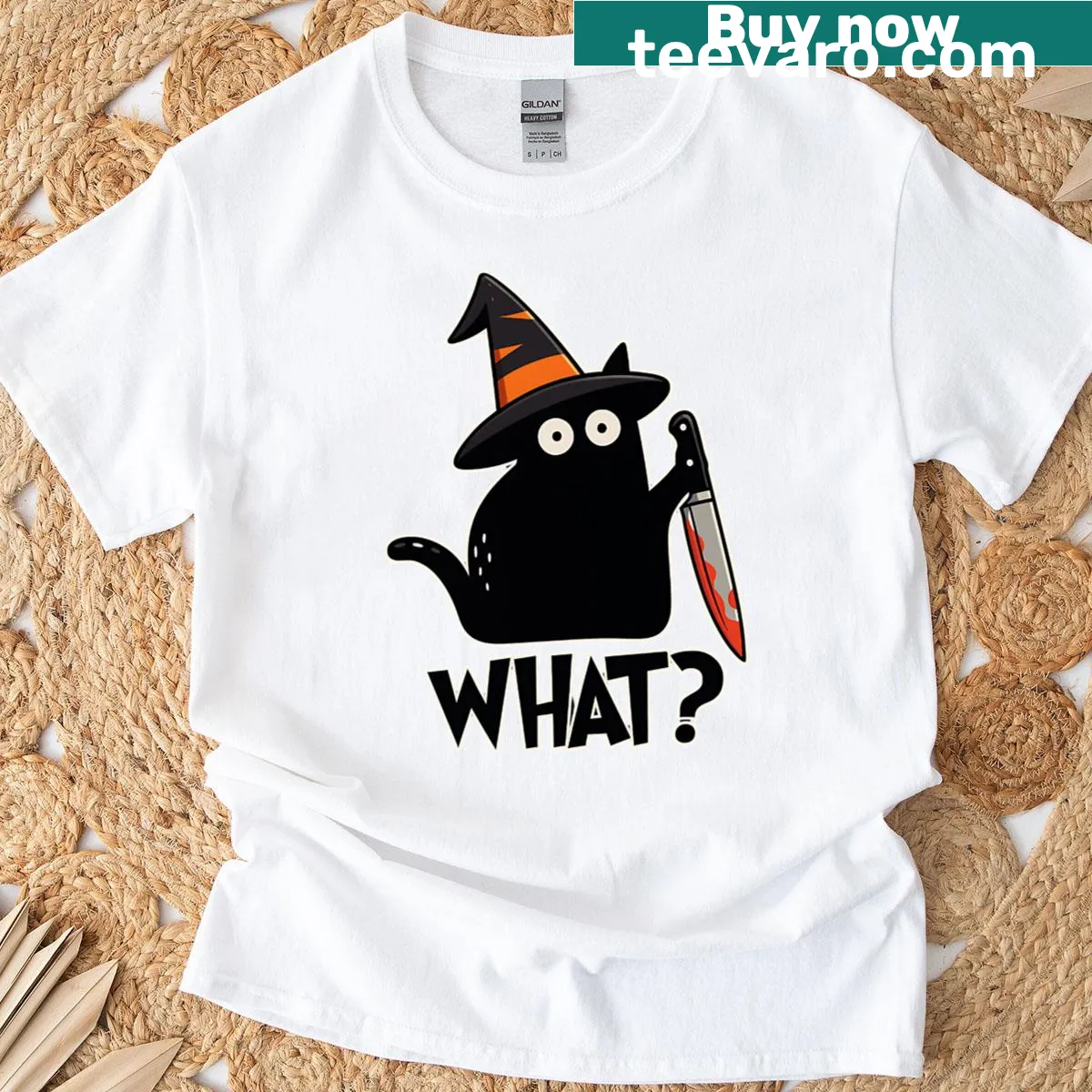 Funny Halloween cat T-shirt with a cartoon black cat design — on a men's t-shirt