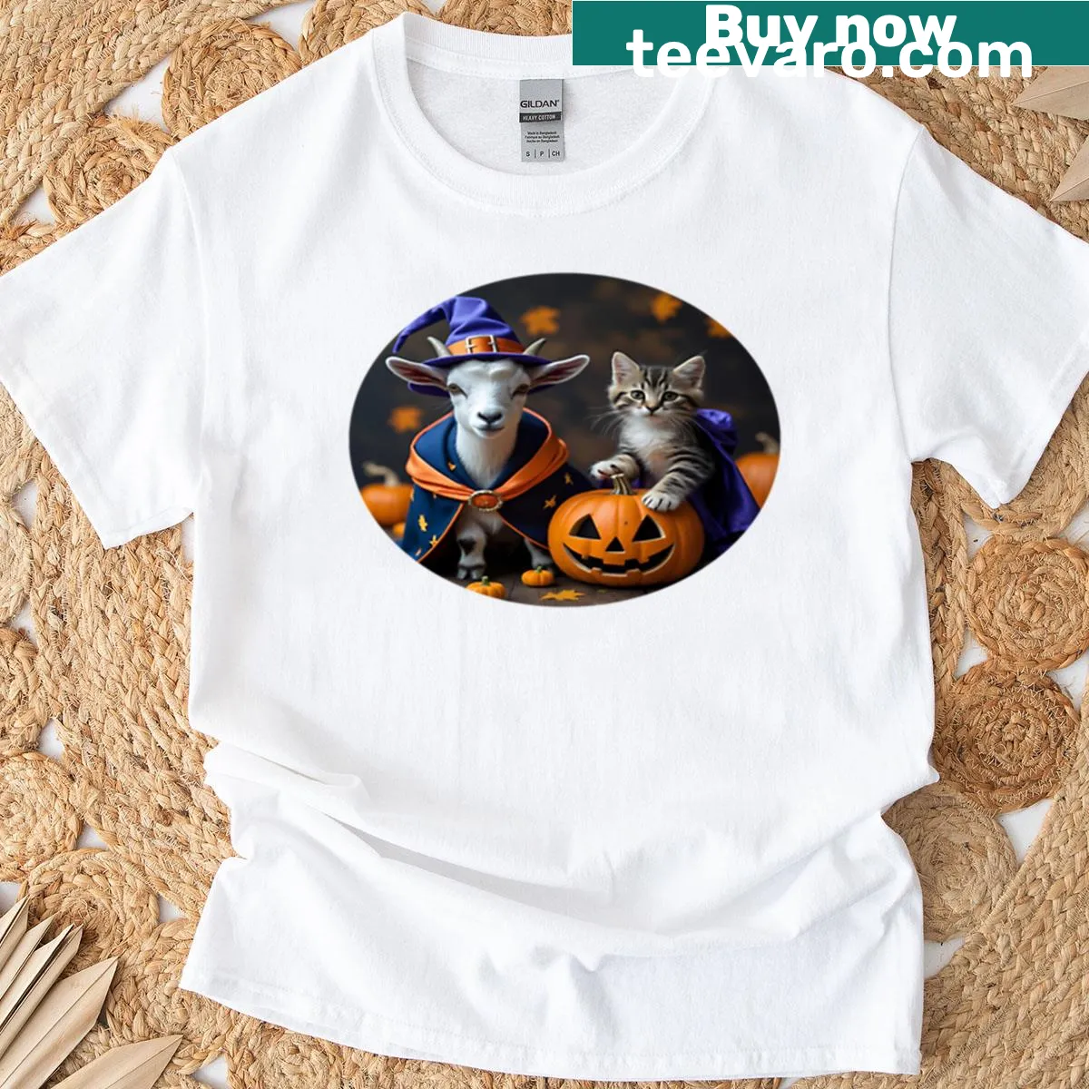 Cute Halloween-themed T-shirt featuring a goat and kitten duo — on a men's t-shirt