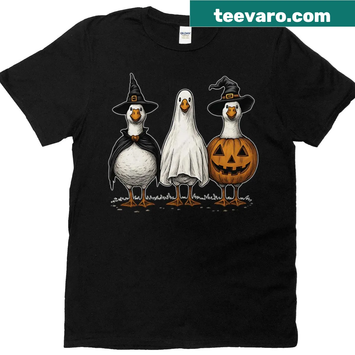 Cartoon Halloween T-shirt featuring a dressed-up goose — on a men's t-shirt