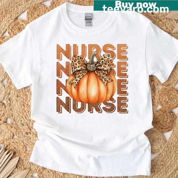 Halloween-themed T-shirt with pumpkin and nurse graphics