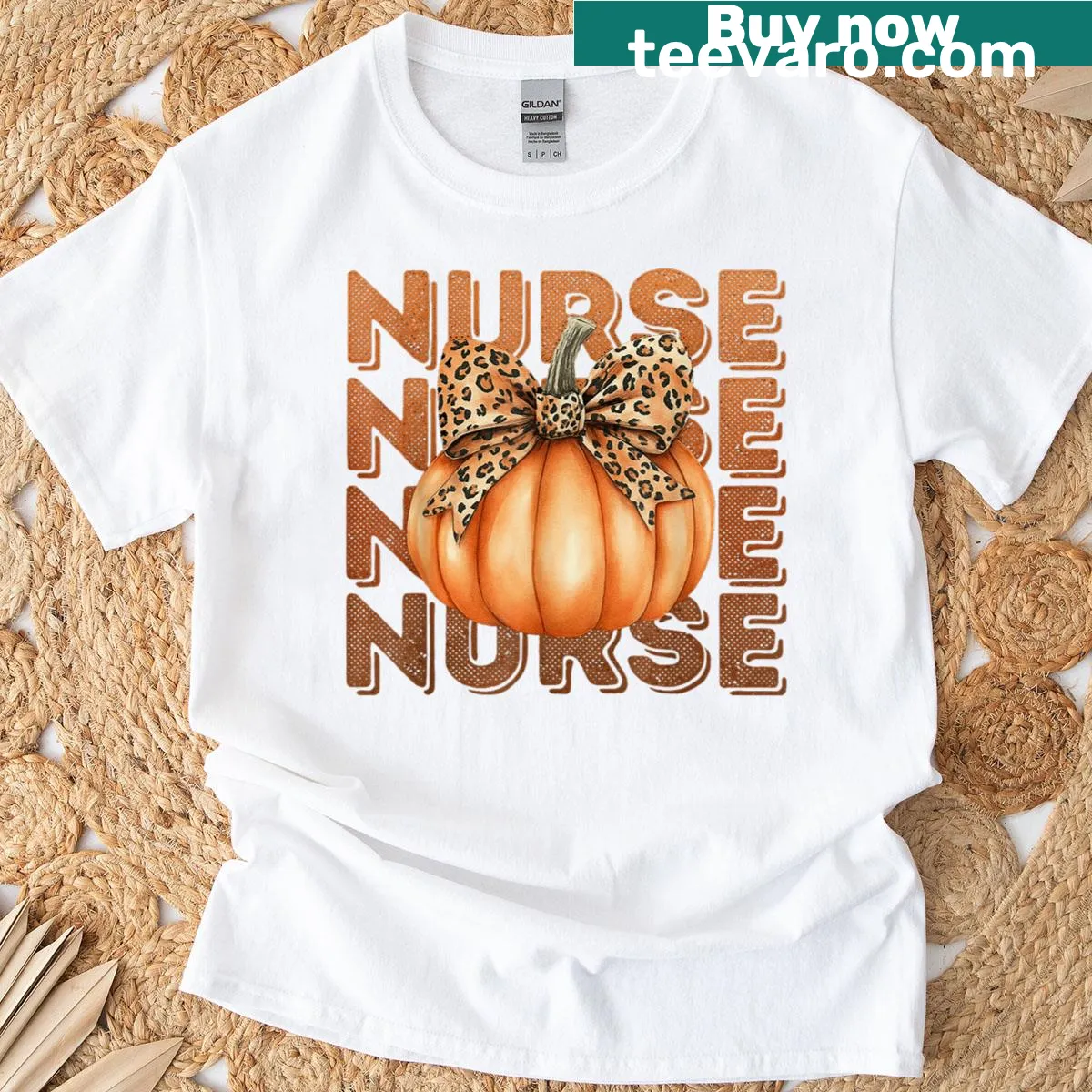 Halloween-themed T-shirt with pumpkin and nurse graphics — on a men's t-shirt