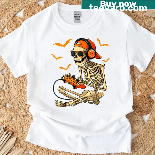 Halloween-themed T-shirt featuring a skeleton gamer in a fun design
