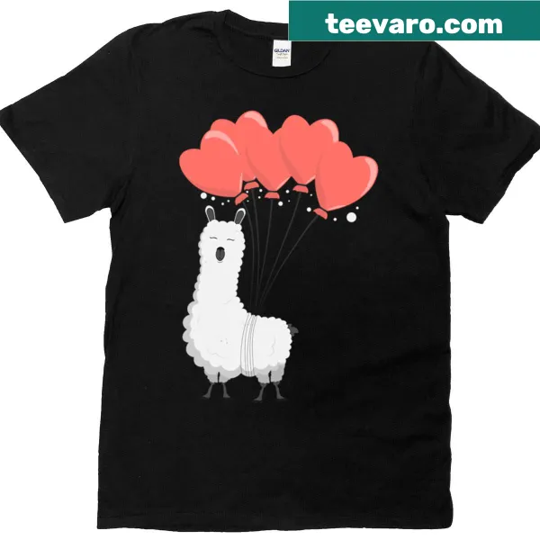 Adorable llama floating with heart balloons on an oversized T-shirt