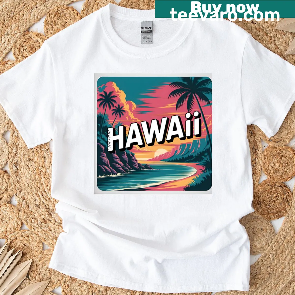 Vintage travel poster T-shirt showcasing Hawaiian scenery — on a men's t-shirt
