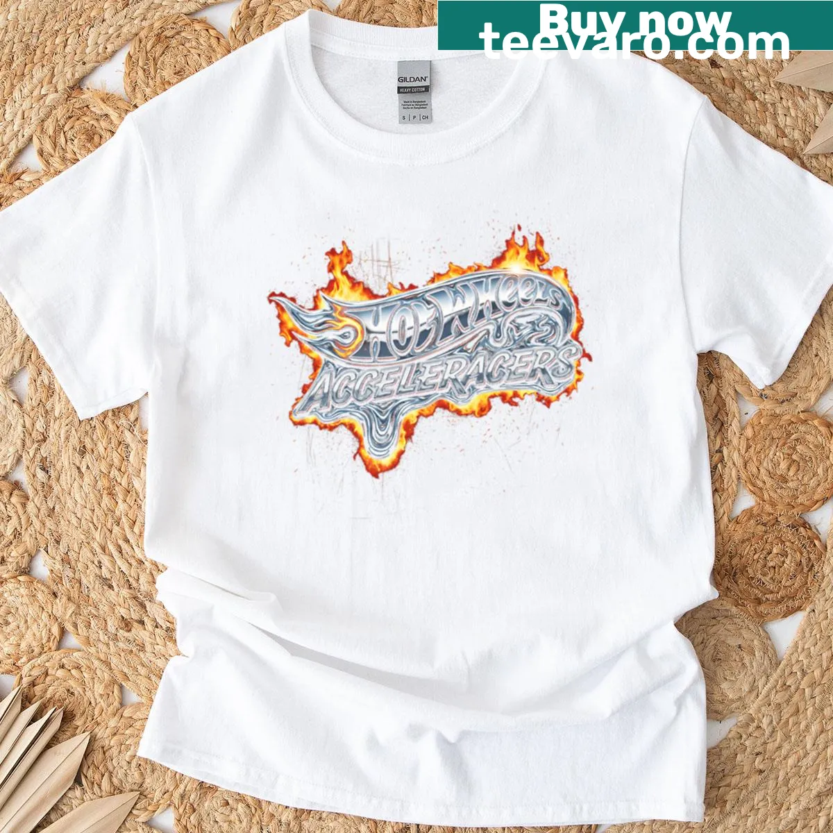 T-shirt featuring a flaming logo design inspired by Hot Wheels. — on a men's t-shirt