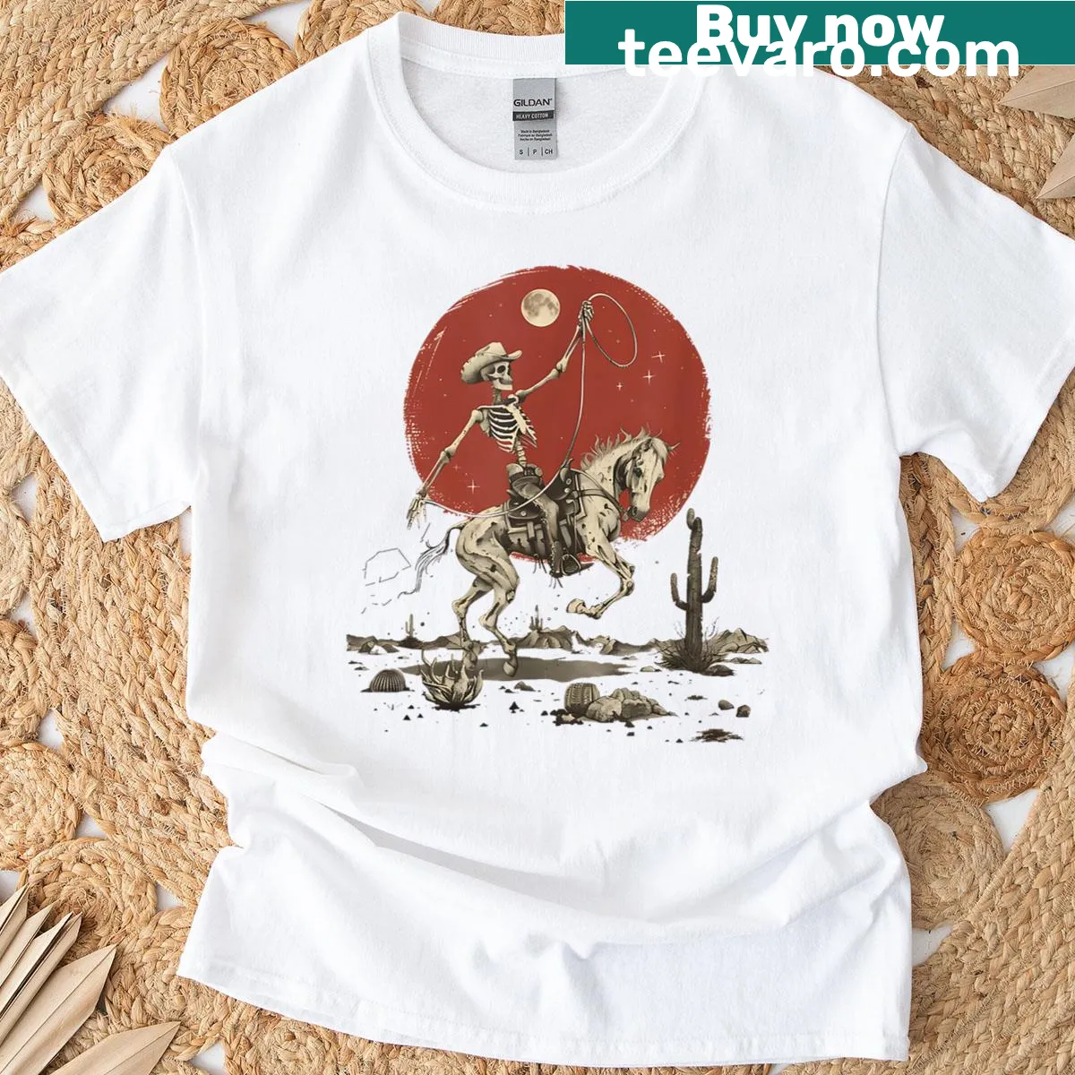 Vintage Halloween shirt with cowboy skeleton riding a horse — on a men's t-shirt