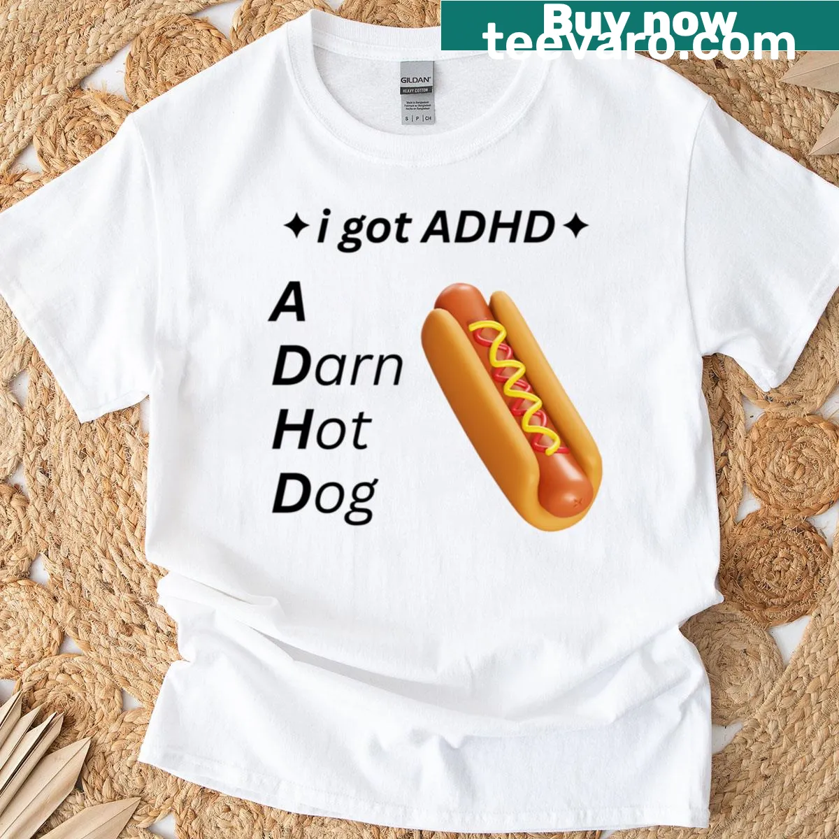 Funny T-shirt with cartoon hot dog and ADHD theme — on a men's t-shirt