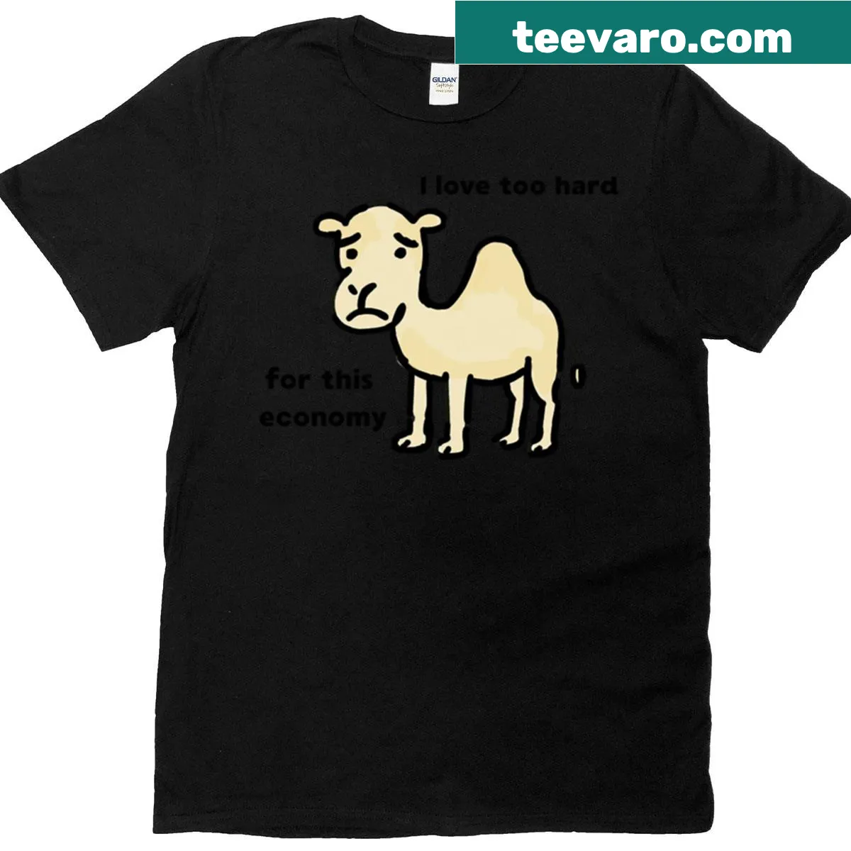 Oversized t-shirt with a funny camel doodle and quote about the economy. — on a men's t-shirt