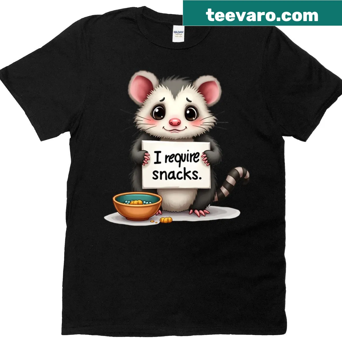 Playful opossum graphic t-shirt with humor about snacks. — on a men's t-shirt