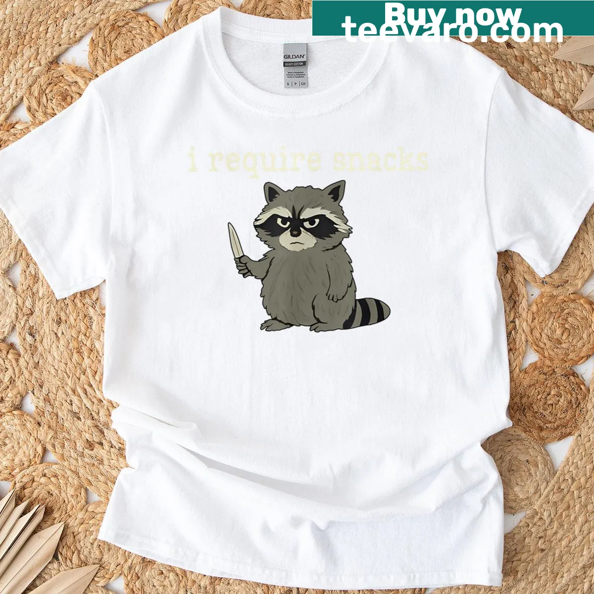 Cartoon raccoon with the text about requiring snacks for raccoon lovers — on a men's t-shirt