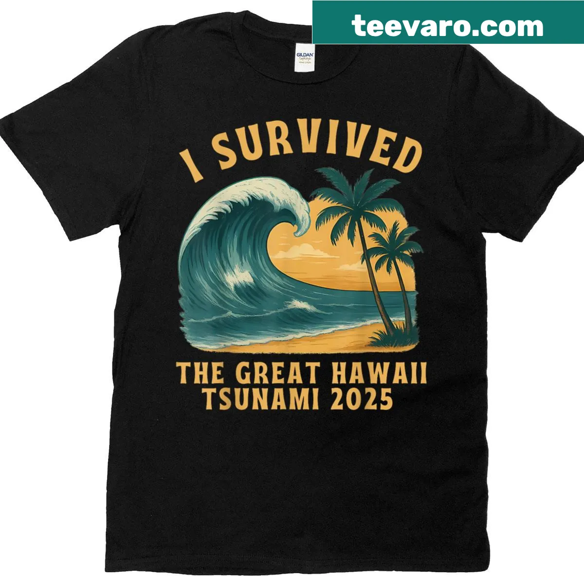 Graphic tee stating 'I Survived The Great Hawaii Tsunami 2025' in bold letters. — on a men's t-shirt