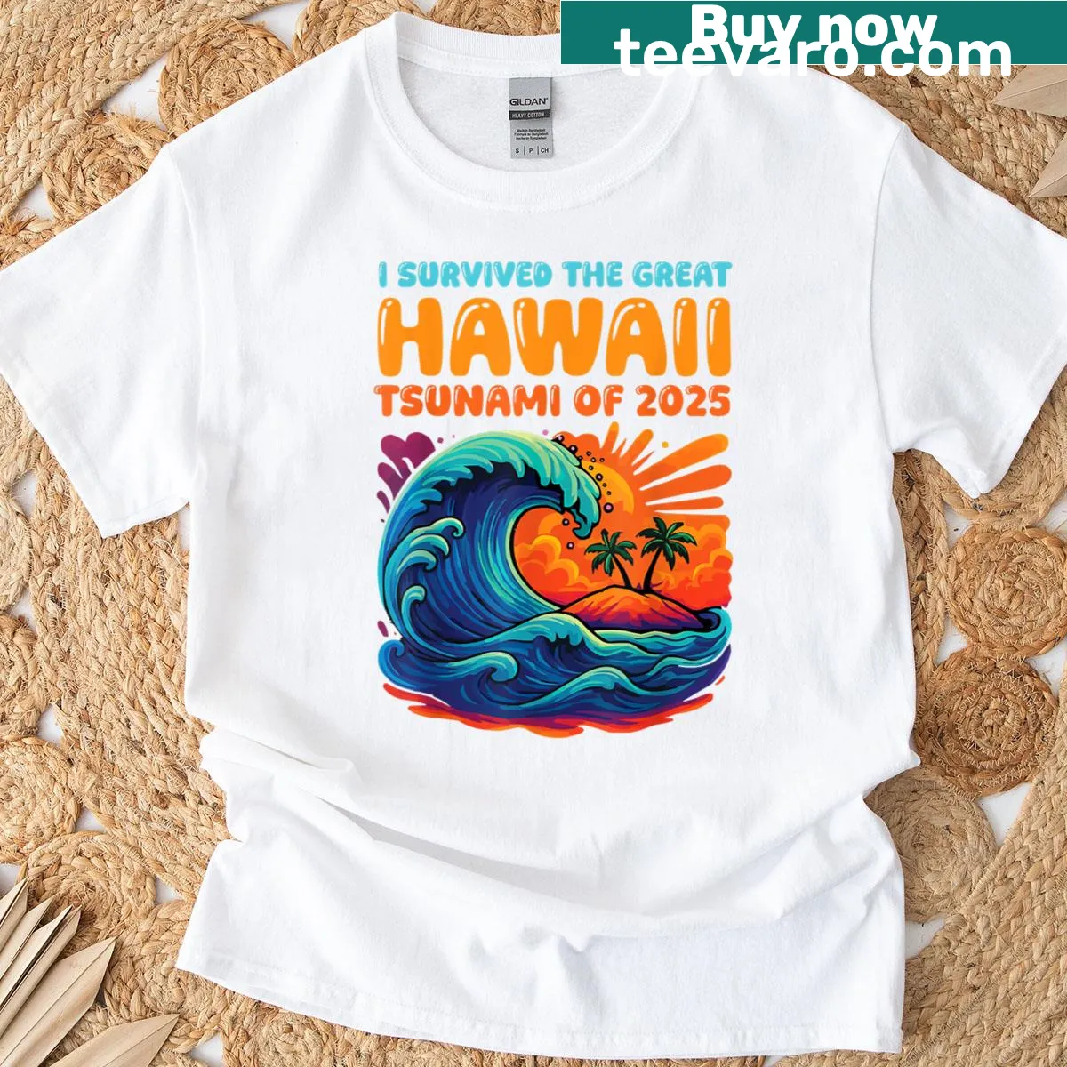 Retro design referencing the Great Hawaii Tsunami with humorous text — on a men's t-shirt