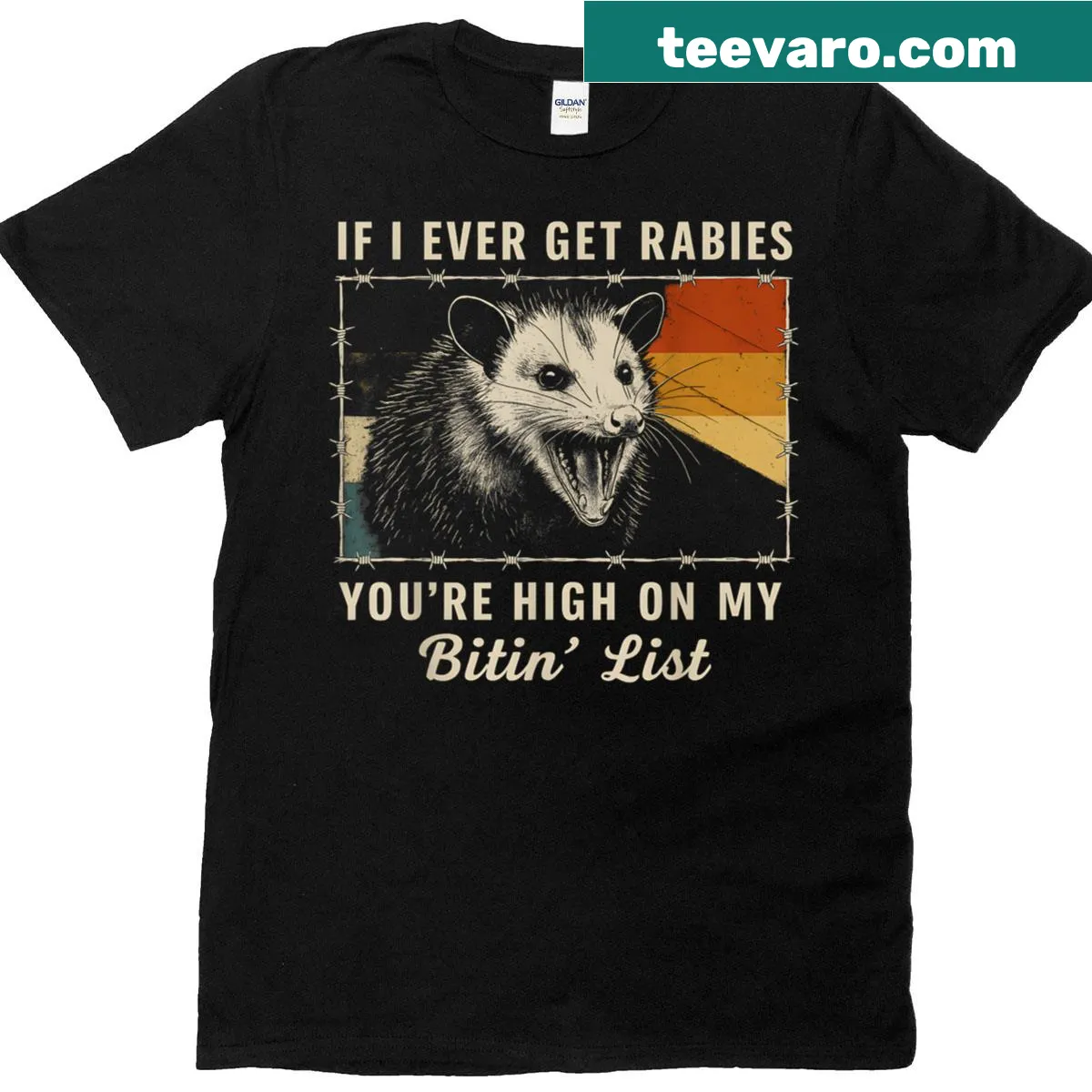 Possum t-shirt with humorous rabies biting list text — on a men's t-shirt
