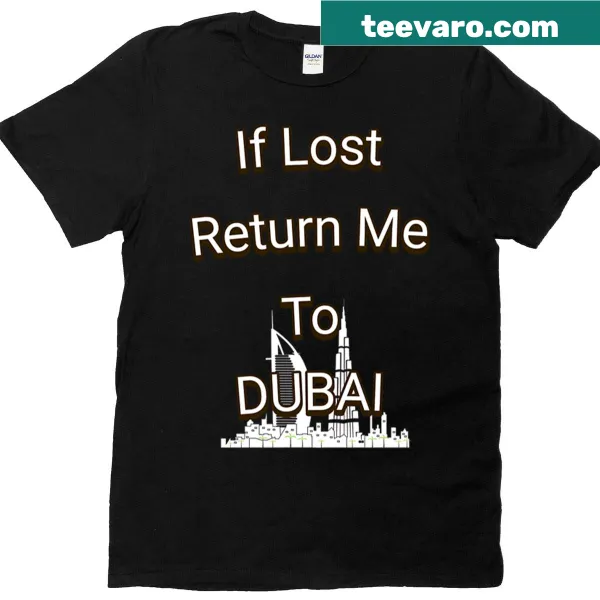 Travel-themed t-shirt with humorous return to Dubai text