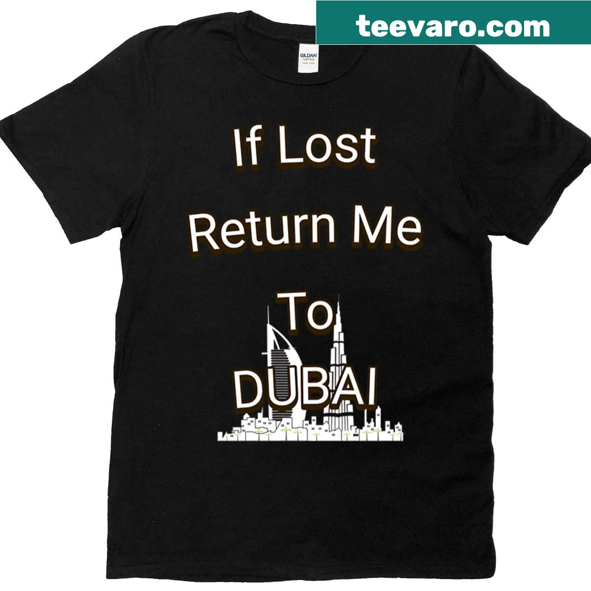 Travel-themed t-shirt with humorous return to Dubai text — on a men's t-shirt